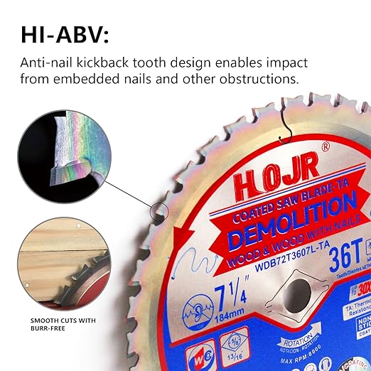 2-Pack 7-1/4" 36 Tooth 5/8" Arbor Demolition Circular Saw Blade Woodworking TA Series, Demolition/Framing, Special Anti-Heat Adhesion Coating on Cutting Head -TA, DEM 7-1/4"36T-TA