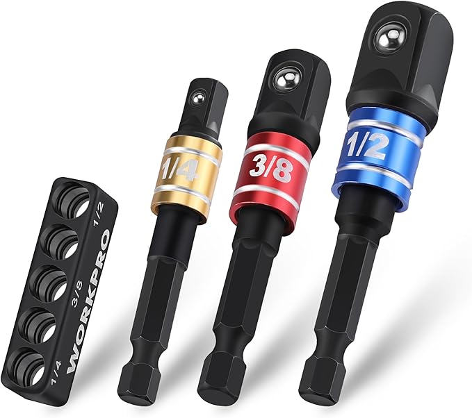 WORKPRO Impact Grade Socket Adapter Set, 1/4", 3/8", & 1/2" Drive, Extension Driver Bit With Holder, for Power Drill to High Torque Impact Wrench