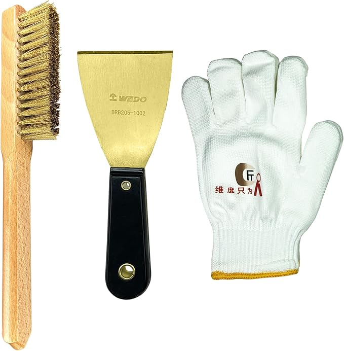 WEDO 3pcs Brass Putty Knife Set, 3" Paint Scraper with Bakelite Handle, 11" Brass Wire Brush,A Pair of Gloves,Drywall Knife, Scraper Tool for Plaster Scraping Drywall Finishing