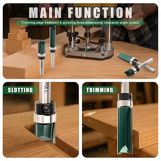 Knoweasy Flush Trim Router Bit Set with Guide Bearing for Woodworking, Straight Cut Pattern Bits Prevent Tear-Out, Professional Template Milling Cutter Tool for Smooth Edges and Clean Cuts