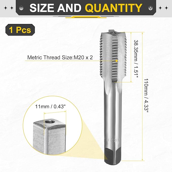 uxcell Hand Plug Tap M20 x 2 H2 Metric Thread Plug Style Taps Straight Flute Screw Tapping Threading Tool High Speed Steel HSS6542