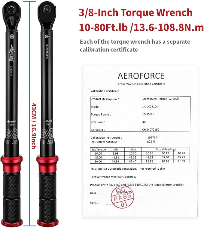 AEROFORCE 3/8-Inch Drive Torque Wrench竊?0-80 lb.ft / 13.6-108.8 Nm),72 Tooth Dual Direction Reversible Ratchet, Dual Range Scales, Precision Calibrated for Bike, Motorcycle and Car Repair