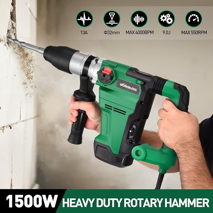 1-1/2 Inch SDS-MAX Heavy and Duty Rotary Hammer Drill: 13 Amp Corded Hammers Drill - Hammers Drill for Concrete Demolition Chipping, 3 Functions, 6 Speeds, Safety Clutch, 2 Chisel