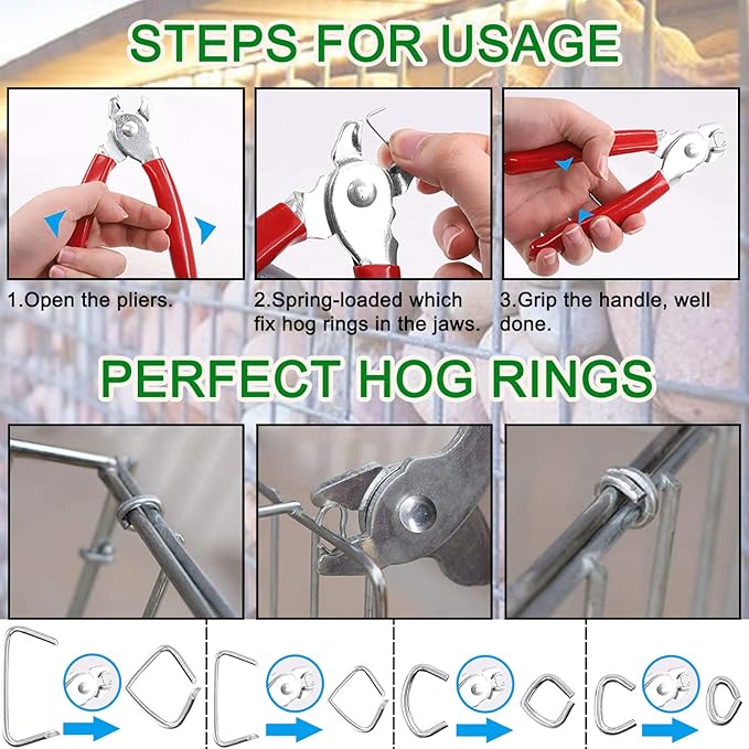 480Pcs 3/4" 1/2" 3/8" 1" Galvanized Hog Rings with Bent Hog Ring Pliers Assortment, Professional Upholstery Hog Rings Installation Kit for Bungee Shock, Cords, Animal Pet Cages, Bagging