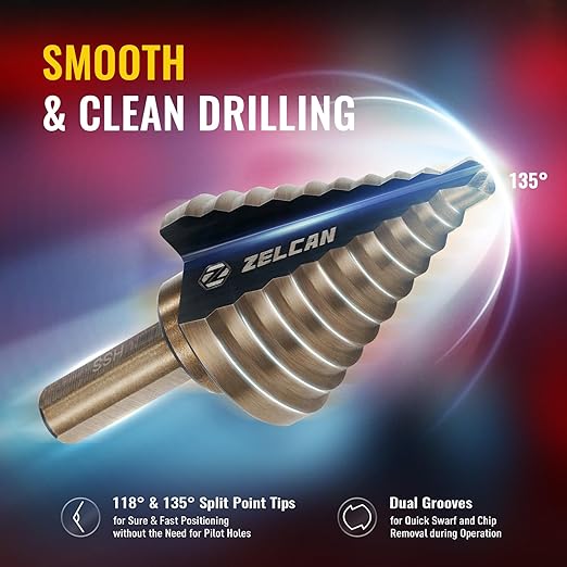 ZELCAN Step Drill Bits, HSS 5PCS Titanium Step Drill Bit Set, 50 Sizes in 5 High Speed Steel Unibit Drill Bits Set for Sheet Metal with Aluminum Case, Multiple Hole Stepped Up Bits for DIY Lovers