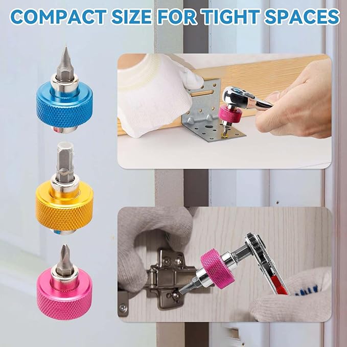 Yakamoz 3Pcs 1/4?쇺?Stubby Screwdriver Set - 2 in 1 Mini Screwdriver with Phillips Slotted Bit and Square Drive Adapter Multi-functional Finger Bit Driver Nut Driver for Tight Spaces (Pink/Blue/Yellow)