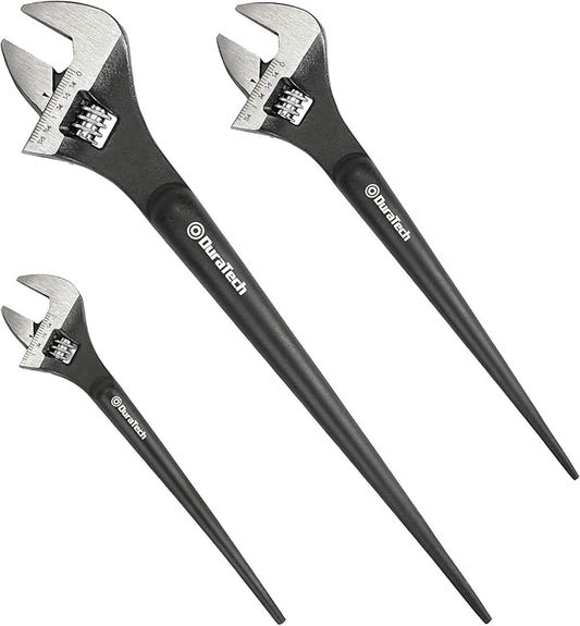 DURATECH 3-Piece Adjustable Construction Spud Wrench Set, 8-inch, 10-inch, 12-inch, Black Oxide Finish, CR-V Steel, SAE and Metric Scale Marked, Alignment Holes and Tail Crowbar Features