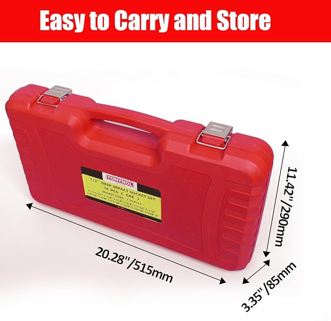 1/2" Inch Drive Deep Impact Socket Set,6-Point,SAE Sizes(1??2??,14 PCS,Cr-Mo Steel,Heavy Duty Impact Sockets for Automotive & Industrial Machinery,With a Storage Case