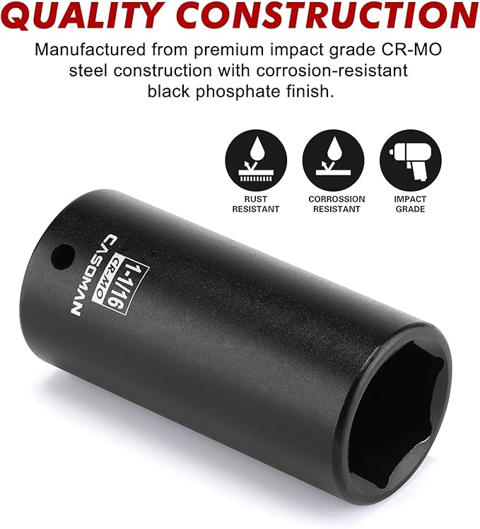 CASOMAN 1/2" Drive x 1-1/16" Deep Impact Socket, 6-Point, SAE, CR-MO