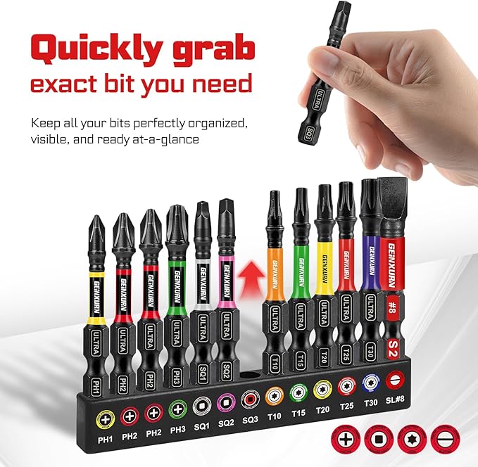 Impact Screwdriver Bits Set, 26Pcs 2??3??Phillipes/Torx/Square/Slotted Magnetic S2 Steel Driver Bits Set and 1pc Impact Bit Holder with Color Coded Base