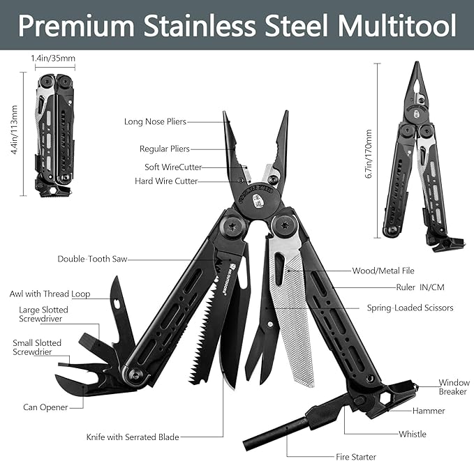 HX OUTDOORS Folding Tactical Axe and 19 in 1 Multi Tool Survival Combo – DC53 Steel Blade Stainless Steel Multitool for Camping Outdoor Emergency