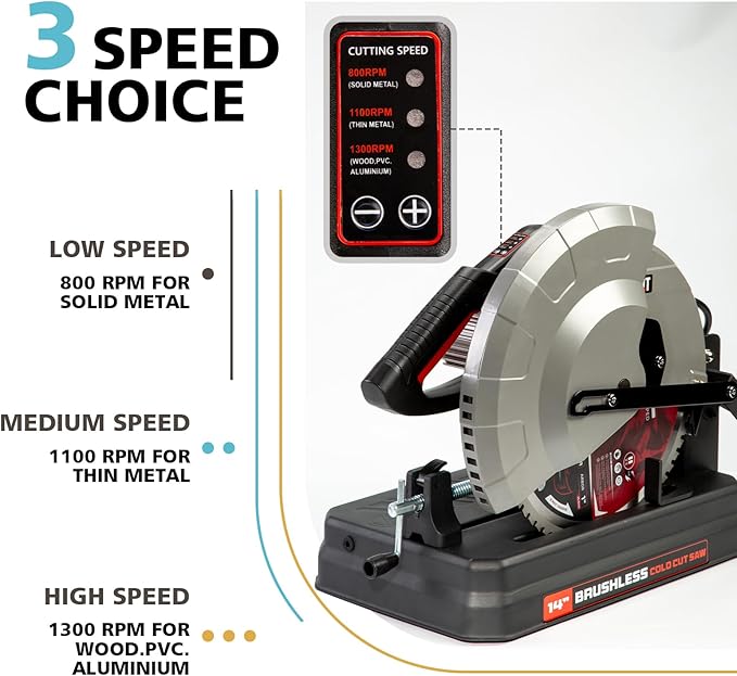 DJBL 14" Brushless Cold Cut Saw - 3500w, Changeable Speeds, 66 Teeth Ferrous Metal Blade, 45 Degree Adjustable