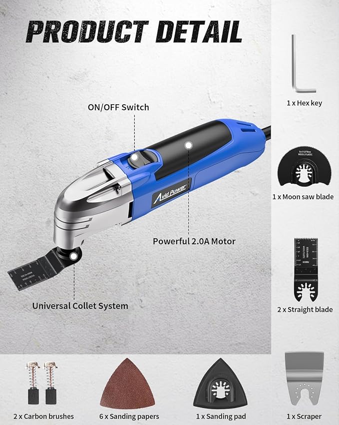 AVID POWER Oscillating Tool, 22000 OPM Electric Oscillating Multi Tool with 3째Oscillation Angle, Cutting, Sanding, Grinding, Scraping, 11 Accessories & Universal Interface-Blue