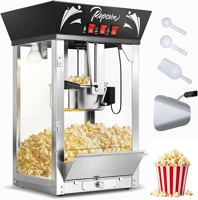 12 Oz Commercial Popcorn Machine, 850 W, Movie Theater Popcorn Machine, Black Tabletop Pop corn Machine with 3-Switch Control & Steel Frame Tempered Glass Doors for Home Theater