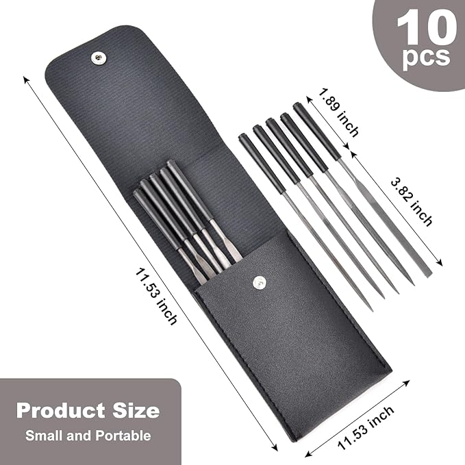 10pcs Mini Steel Needle Files,Packed in Synthetic Leather Case,for high Precision Sanding Work on Wood and Plastic Carving