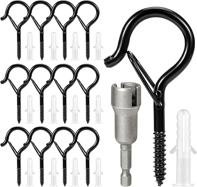 12PCS Q Hanger Hooks with Safety Buckle, Windproof Screw Hooks, Outdoor String Lights, Plants, Christmas Lights, Patio Lights Use, 2.2 Inches, Black with 1 Wing Nut Driver