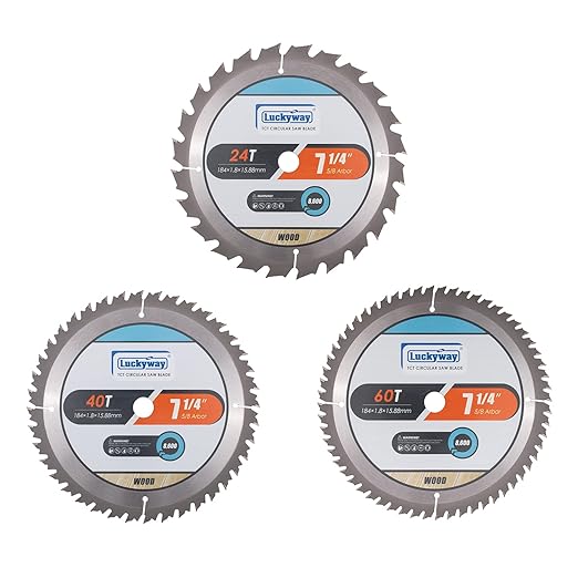 Luckyway 7-1/4 Inch Circular Saw Blade 24T Framing & 40T Ripping/Crosscutting & 60T Finish with 5/8 Inch Arbor TCT (Tungsten Carbide Tipped) Saw Blade for Cutting Wood 3-Pack