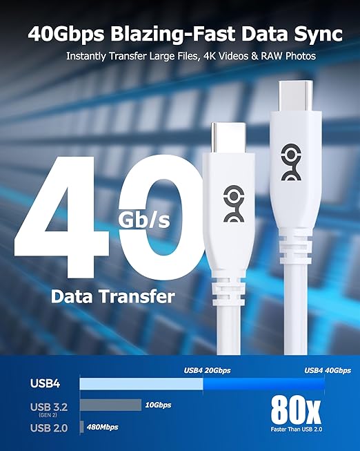 Cable Matters 40Gbps USB 4 Cable - 6.6ft, Supports Up to [8K@60Hz / 4K@240Hz Video, 240W Charging, 40Gbps Data Transfer] USB4 Cable, White, Compatible with Thunderbolt 4, MacBook, XPS, Surface Pro