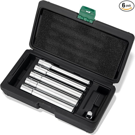 AEROFORCE 6-Piece 3/8-Inch Drive Extra Deep (120mm) Metric Socket Set - Includes 8,10,12,13,14mm Sockets & 1/4-Inch Adapter - Chrome Vanadium Steel for Automotive Tools