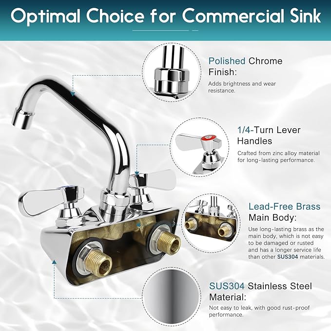 Leak-Free Commercial Sink Faucet 8" Swivel Spout, Wall Mount Kitchen Hand Sink Faucet with 4 Inch Center, 1/2" NPT Male Inlet, Brass Constructed & Chrome Polished, Dual Lever Handles