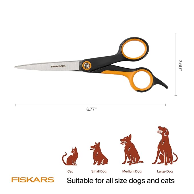Fiskars Pet Scissors, Dog & Cat Grooming Scissors, Precision Stainless Steel Blades & SoftGrip??Handle, Cat and Dog Supplies, 6.75?? Orange/Black, Trimming Scissors