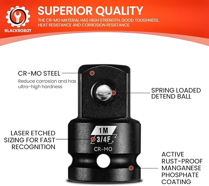 BLACKROBOT 2 Pieces 3/4??F To 1??M Impact Socket Adapter Set, SAE Drive Cr-Mo Steel Exceeds ANSI Standards, Square Drive Socket Reducer for Impact Driver Wrench
