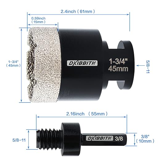 DKIBBITH 1-3/4'' Diamond Hole Saw, Vacuum Brazed Core Bit for Granite Tile Quartzite Marble Concrete Porcelain Ceramic Stones with 5/8-11 Thread Angle Grinders and 3/8??Hex Shank Electric Drills