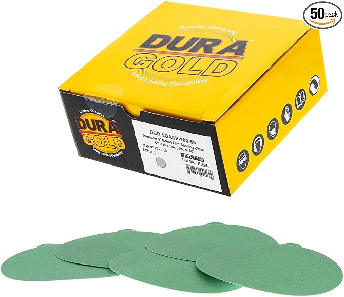 Dura-Gold Premium 5" Green Film PSA Sanding Discs - 180 Grit (Box of 50) - Film Back Self Adhesive Stickyback Sandpaper Discs for DA Sanders, Fast Cut Abrasive - Sand Automotive Paint Woodworking Wood