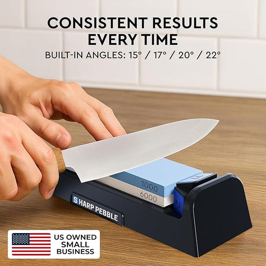 Sharp Pebble Knife Sharpening Stone Kit-Grit 1000/6000 Wet Stone-Built In Angle Guides 15/17/20/22 Degrees- Professional Whetstone Knife Sharpener Stone Set with Plastic Base