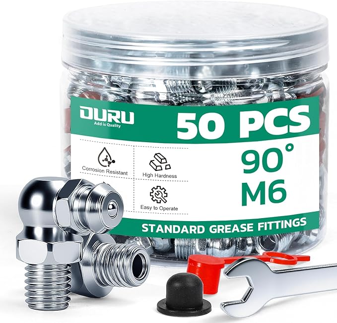 50PCS M6 Grease Fittings Kit, METRIC Zerk Grease Fittings 90 Degree with Grease Fitting Caps & Wrench Kit(9mm) for Grease Gun