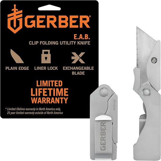 Gerber Gear EAB Pocket Razor Knife with Money Clip - EDC Gear Folding Stainless Steel Utility Knife with Box Cutter Blade for Everyday Carry