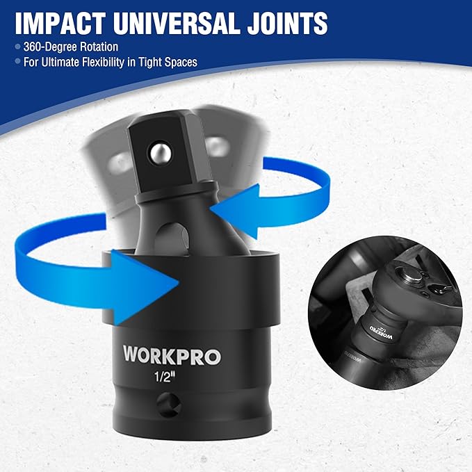 WORKPRO 1/2??Drive Impact Socket Set, 65PCS SAE(3/8??1-1/4?? and Metric(10-24mm) Deep & Shallow Kit, Ratchet Handle, Extension Bar, Impact Universal Joint and Adapters for Automotive Repair