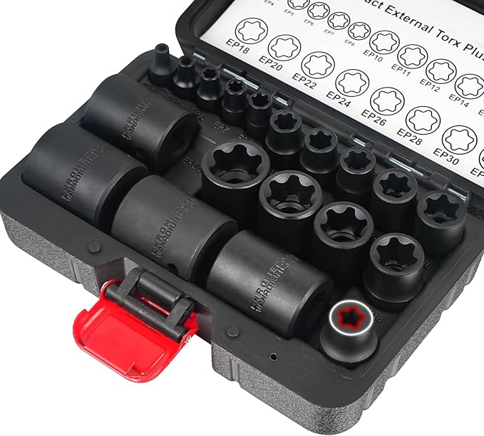 BILITOOLS External Torx Plus Socket Set, 6 Point EP4-EP8, EP10-12, EP14, EP16, EP18, EP20, EP22, EP24, EP26, EP28, EP30, EP32 with 1/2'' 3/8'' 1/4'' Dr, 19PCS External Star Socket for Cars