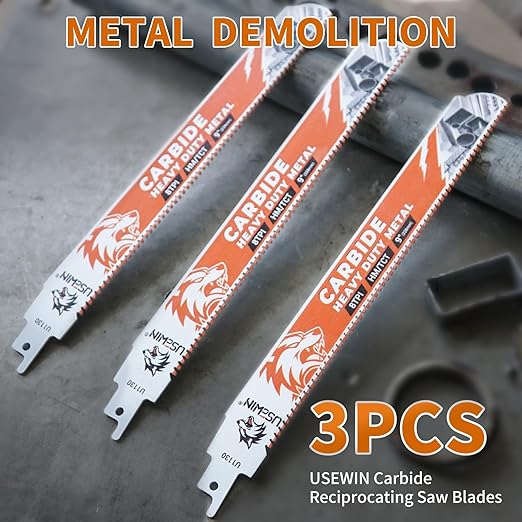 3 Pack Carbide Reciprocating Saw Blades, 9 Inch 8 TPI Metal Blades, Pruning Blade for Reciprocating Saw for Thick Metal, Cast Iron, Alloy Steel