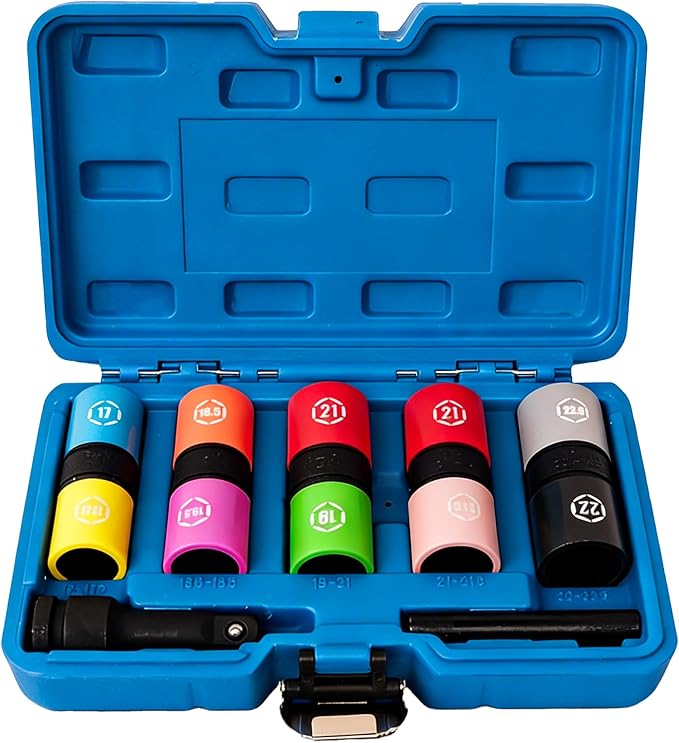 7 PCS 1/2 inch Drive Half Size Lug Nut Socket Set, 17 17.5 18.5 19 19.5 21 21.5 22 22.5 mm Impact Flip Socket Set Non-Marring Thin Wall Double Ended Wheel Nut Removal Kit with Metal Buckle Carry Case