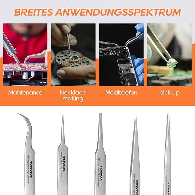 TOWOT Precision Tweezers, Stainless Steel Eagle Beak Tweezers for Craft, Electronics, Soldering, Experimental Work, Jewelry-Making, Non-Magnetic Curved Tweezers