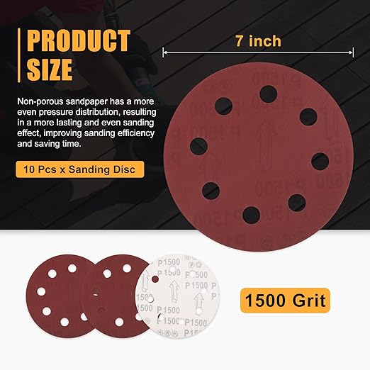 10 Pack 7 Inch Sanding Disc 1500 Grit 8 Hole Round Hook and Loop Sandpapers Fit for Orbital Sander Automotive or Cars Repairing, Grinding or Polishing, Red