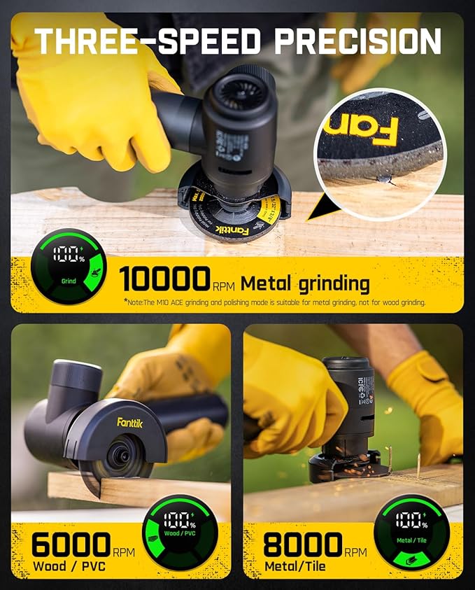 Fanttik M10 ACE Cordless Angle Grinder Brushless, Compact Cut Off Tool with LED Display, 3 Variable Modes, Double Security, Type-C Fast Charging, 10000RPM Mini Cutter with 4 Blades