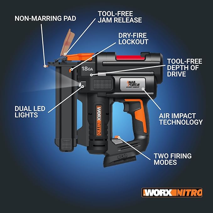 Worx Nitro 20V Cordless 18-Gauge Narrow Crown Stapler, Cordless Staple Gun Fires Up to 80 Staples/Min, Battery Powered Staple Gun with Tool-Free Jam Release WX844L ??Battery & Charger Included