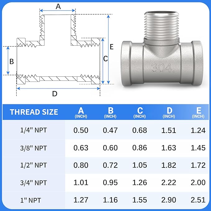 ChillWaves 304 Stainless Steel Pipe Fitting, Male Branch Tee 3/8" NPT Female x 3/8" NPT Male x 3/8" NPT Female Thread Adapter(4-PACK)