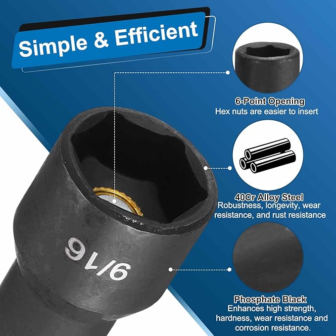 HARFINGTON 3pcs Nut Driver Drill Bit 9/32 Inch SAE Socket 1/4" Hex Shank 6" (150mm) Extra Long Magnetic 6-Point Sockets Quick Change CR-V Steel Bolt Setters for Power Drill Drivers