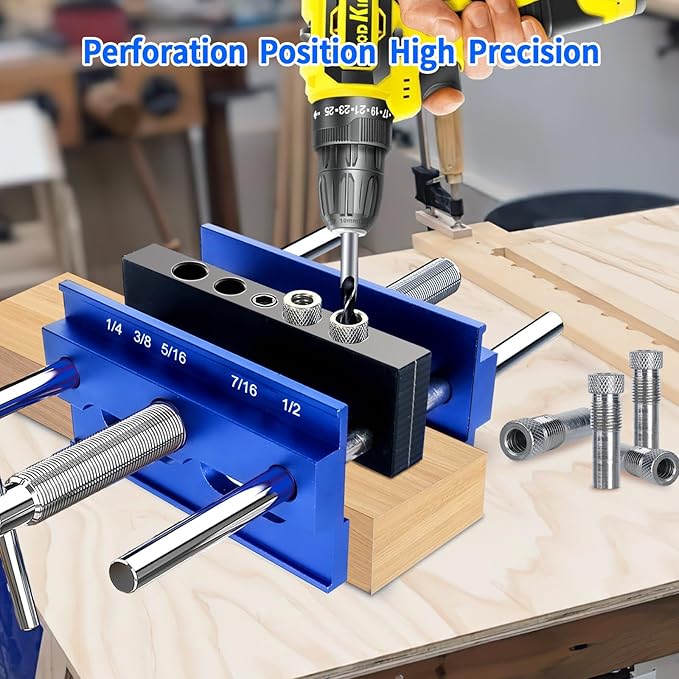 Self Centering Dowel Jig Kit, Drill Jig for Straight Holes Biscuit Joiner Set, Adjustable Drilling Guide Wood Working Tools with 3 Drill and 6 Drill Guide Bushings, Wood Doweling Jig for Woodworking