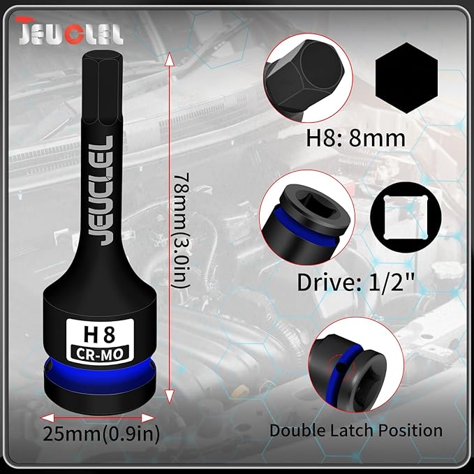 8mm Hex Impact Bit Socket, H8 1/2-Inch Impact Drive Allen Socket, Cr-Mo Steel Lengthen Hex Screwdriver Adapter for Electric Ratchet Wrenches Fastening Screws