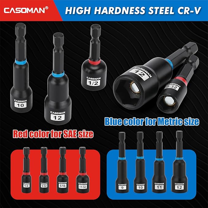 CASOMAN 55-Piece Magnetic Nut Driver Set for Impact Drill, Deep & Shallow, Metric & SAE, Includes Screwdriver Bits, Bit Extension Bar, Socket Adapters & Wing Nut Driver