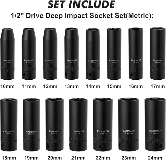 CASOMAN 18PCS 1/2" Drive Impact Socket Set, Deep, Cr-V Steel, Metric, 10mm - 24mm, Includes Extension Bars: 3-Inch, 5-Inch, 10-Inch