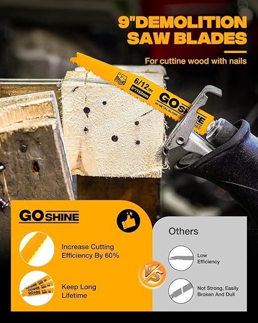 10 Pack 6 Inch 6/12TPI Reciprocating Saw Blades,Stud and Nail Saw Blades, 6" High Strength Bi-Metal Saw Saw Blades Wood and Nail-Embedded Wood, Metal,PVC, Pallets etc,with Storage Box