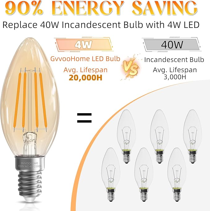 LED Candelabra Light Bulbs,4W, 40 watt Equivalent, E12 Bulb Non-Dimmable, 2200K Amber Warm Chandelier Bulb, B10 Candle Light Bulb, 90+CRI, 400LM, Amber Glass Finish, 6 Pack