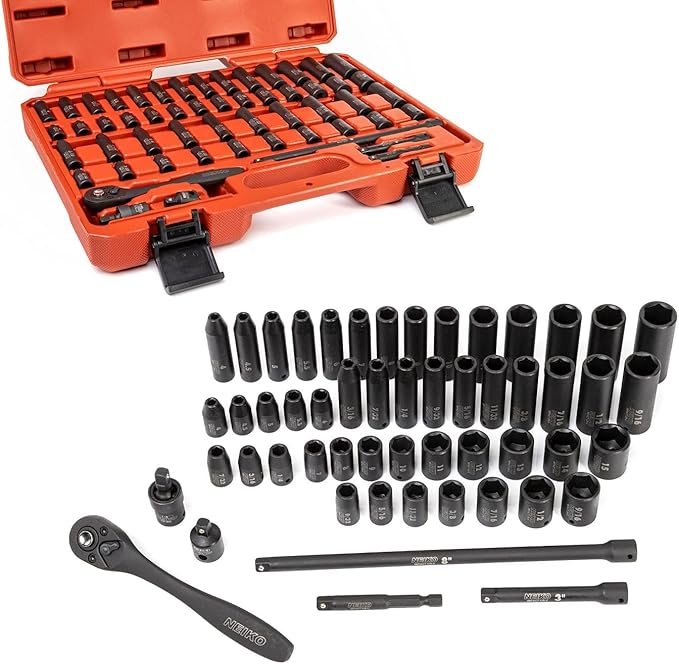 NEIKO 02437A 1/4 Drive Impact Socket Set 54 Piece Metric & Standard, Deep & Shallow Chrome Vanadium Steel 3/8??to 1/4??Reducer Hex Shank Adapter, Metric and Standard, Deep Socket Set