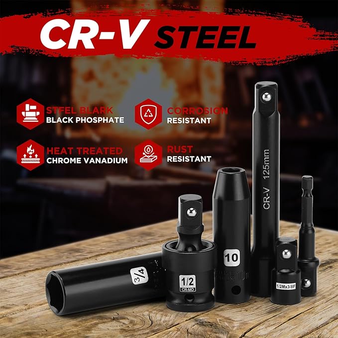 Mayouko 1/2" Drive Impact Deep Socket Set, SAE (3/8 to 1 inch) and Metric (10-24mm) Sizes with 3", 5", 10" Extension Bars, CR-V Steel, Complete Impact Wrench Socket