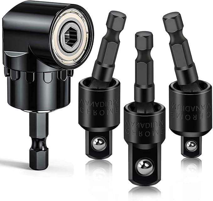 Flexible Drill Bit Extension Set with Right Angle Attachment, 360째 Rotatable 1/4 3/8 1/2" Impact Grade Socket Adapter Sets for Cordless Drill & Screwdriver, Power Drill & Driver